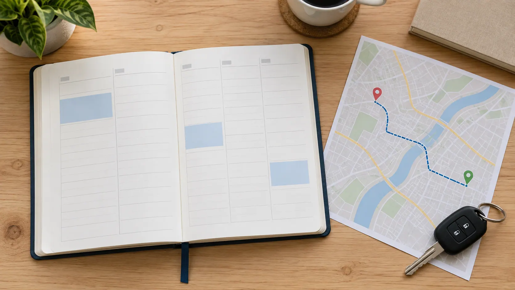 Agenda aberta com blocos de horário separados, mapa de trajeto entre dois pontos e chave de veículo sobre uma mesa.