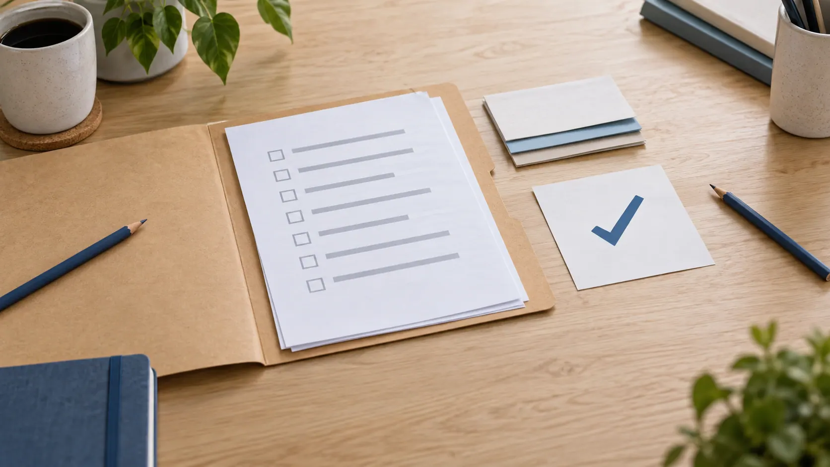 Pasta aberta com checklist, referências organizadas e ficha com marca de confirmação, acompanhadas de dois lápis sobre uma mesa.