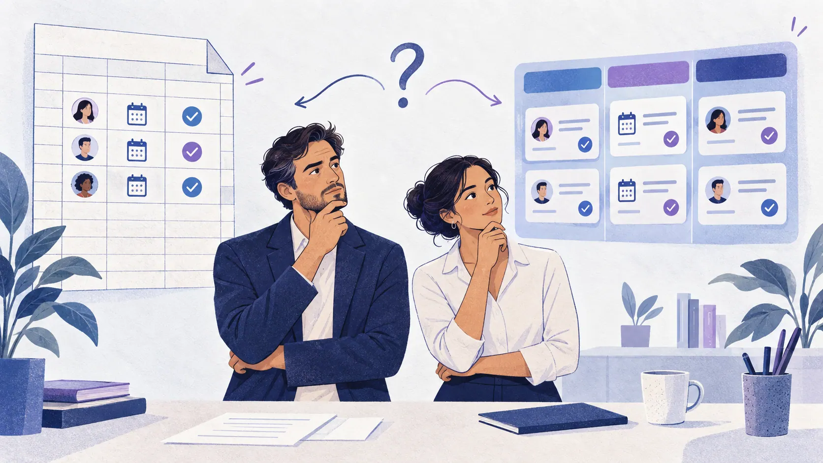 Ilustração de duas pessoas comparando uma planilha e um quadro de serviços com responsáveis e prazos.