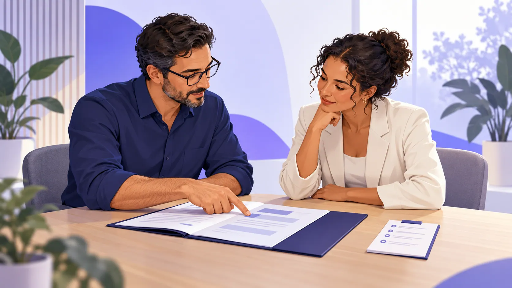 Duas pessoas conversam sobre um documento entregue, com uma ficha de acompanhamento sobre a mesa.