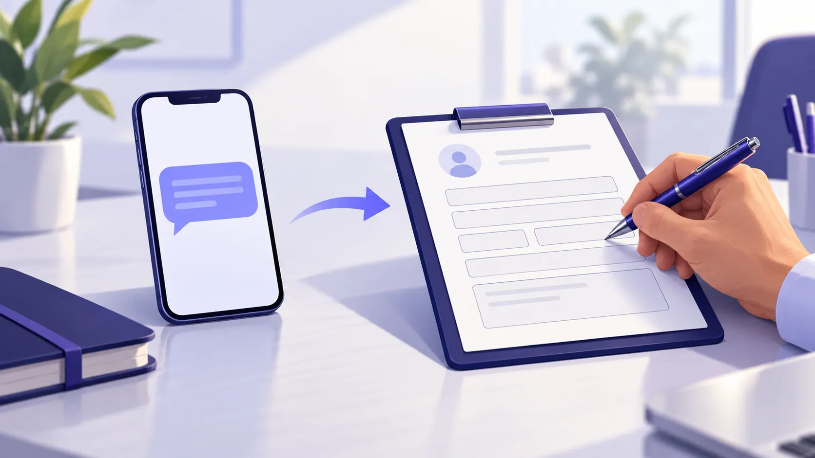 Mensagem em um celular ligada por uma seta a uma ficha de atendimento, representando o registro de uma solicitação.